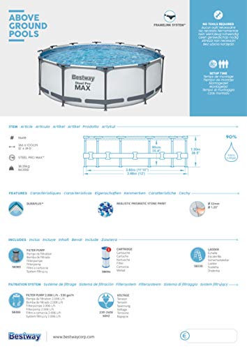 Bestway Steel Pro MAX Frame Pool-Set mit Filterpumpe Ø 366 x 100 cm, lichtgrau, rund