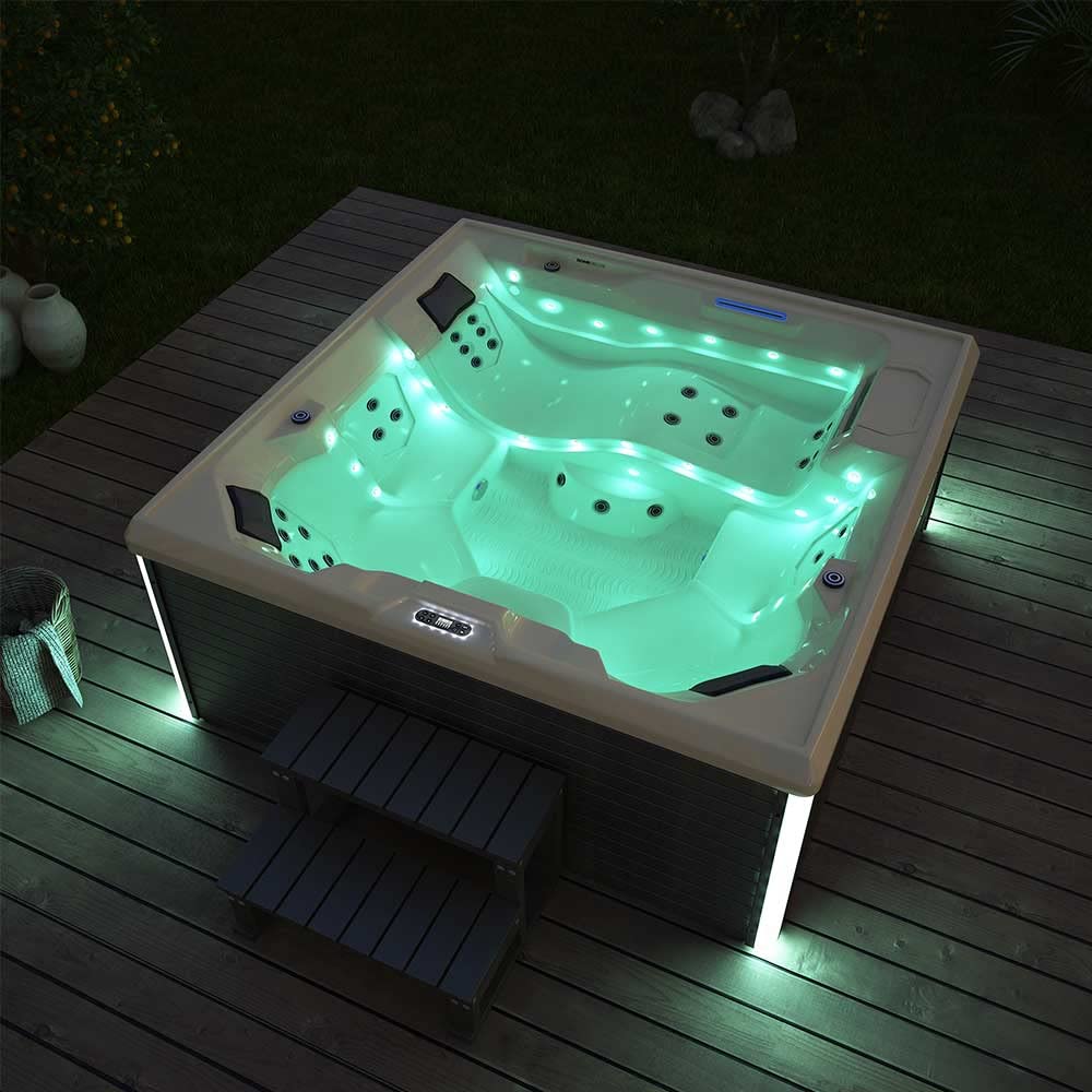 Home Deluxe - Outdoor Whirlpool - Stream Big Pure - Maße: 208 x 208 x 88 cm - Inkl. Heizung, 34 Massagedüsen und 4 äußeren Lichtquellen