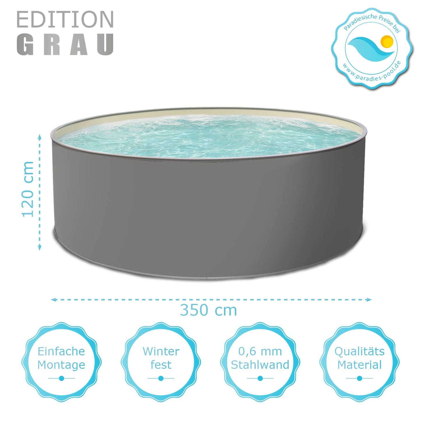 Paradies Pool® Edition grau Einzelbecken rund, 350x120cm (Ø x H), Stahlwandbecken, Poolplane in Sand 0,8mm, Handlauf grau, inkl. Skimmer
