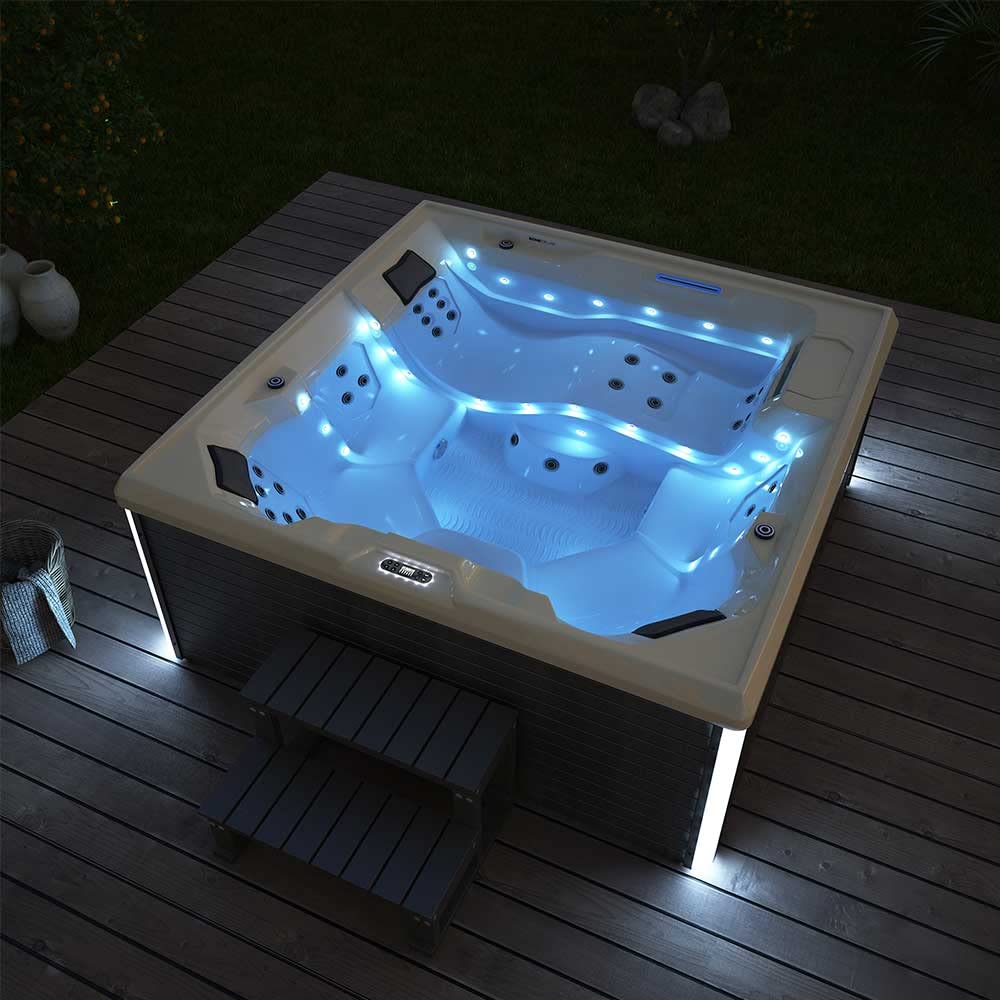 Home Deluxe - Outdoor Whirlpool - Stream Big Pure - Maße: 208 x 208 x 88 cm - Inkl. Heizung, 34 Massagedüsen und 4 äußeren Lichtquellen