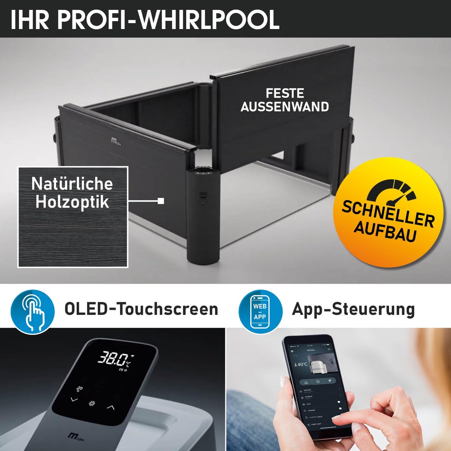BRAST® Whirlpool MSpa Oslo Plus XXL mit Fester Außenwand | LED-Beleuchtung 20 einstellbare Farben für 6 Personen | 180x180x65cm | 140 Massagedüsen