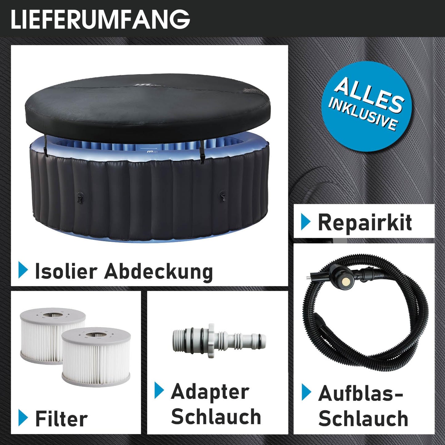 BRAST® Whirlpool aufblasbar MSpa Bergen für 4-8 Personen | viele Größen Ø180-224cm | In- Outdoor Pool | Ganzjähriger Einsatz | bis zu 144 Massagedüsen