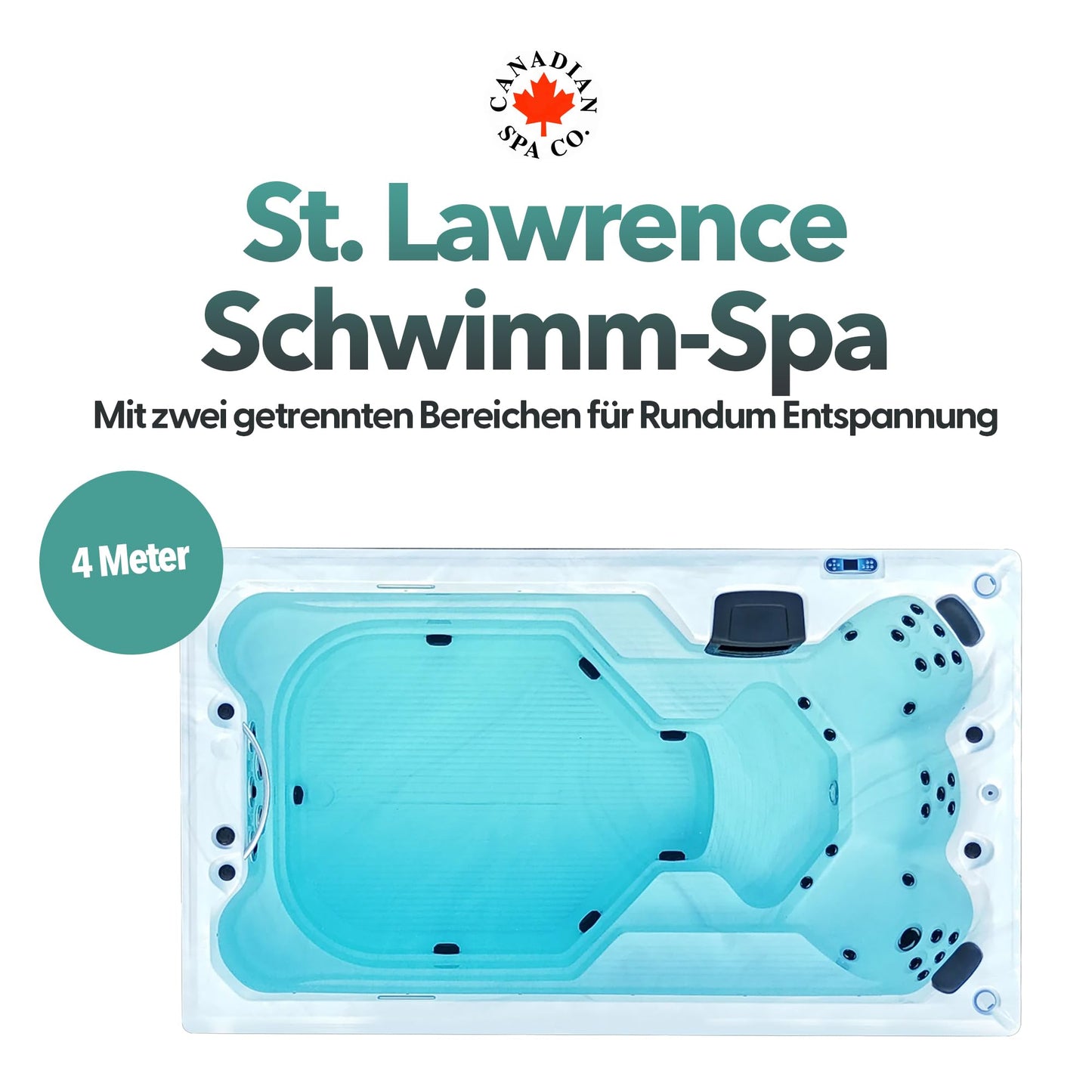 CANADIAN SPA CO. 2025 St Lawrence Schwimmspa Outdoor Winterfest, 4 Meter, 5 Personen, Swim Spa mit LED Beleuchtung, Lautsprecher und Isolierabdeckung