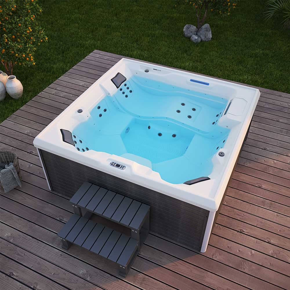 Home Deluxe - Outdoor Whirlpool - Stream Big Plus Treppe und Thermoabdeckung - Maße: 208 x 208 x 88 cm - Inkl. Heizung, 34 Massagedüsen und 4 äußeren