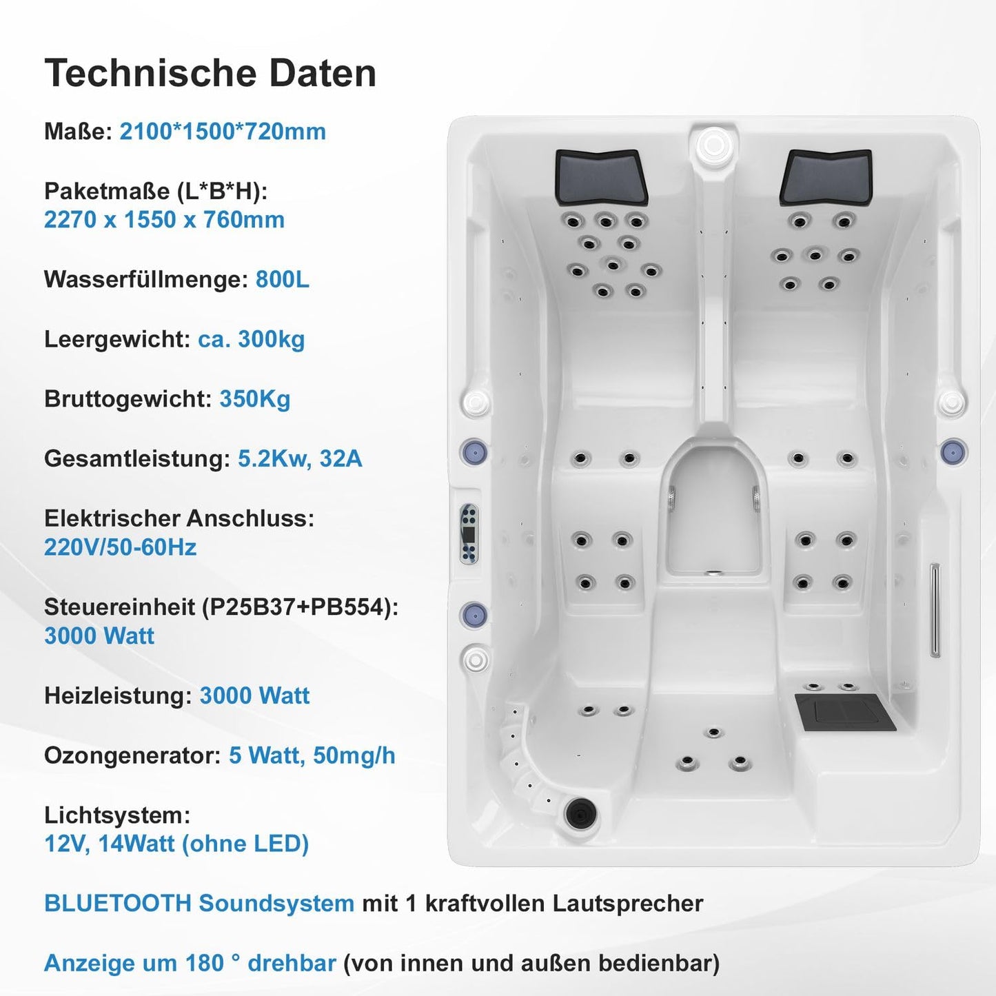 Tronitechnik Outdoor Whirlpool Spa ELBA Außen Whirlpool weiß 210cm x 150cm mit Heizung, Hydromassage, Bluetooth und Farblichtherapie