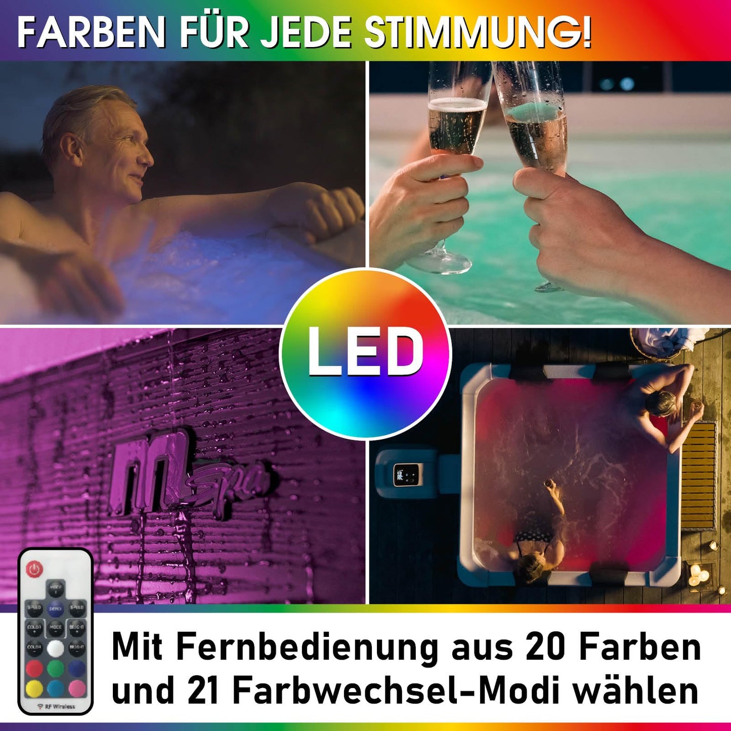 BRAST® Whirlpool MSpa Oslo Plus XXL mit Fester Außenwand | LED-Beleuchtung 20 einstellbare Farben für 6 Personen | 180x180x65cm | 140 Massagedüsen