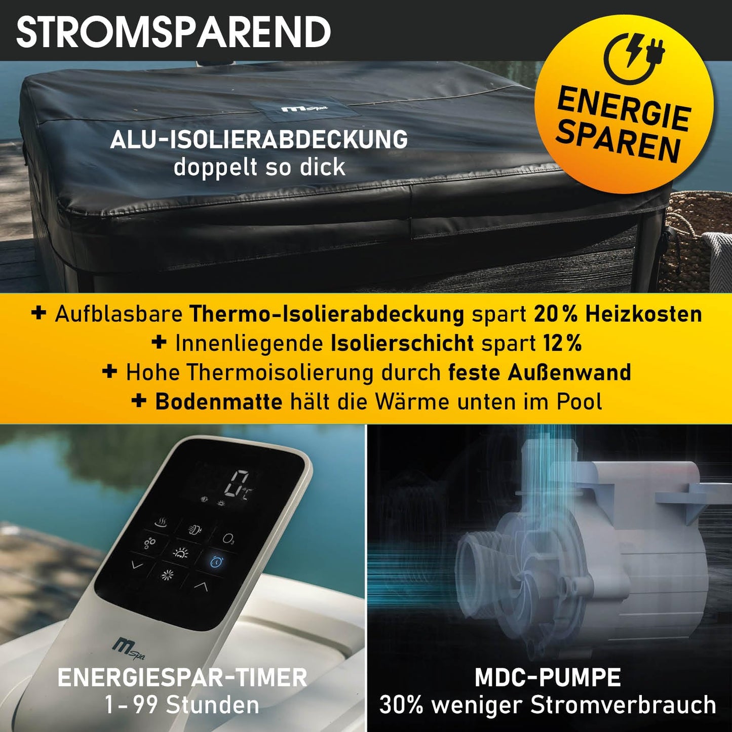 BRAST® Whirlpool MSpa Oslo Plus XXL mit Fester Außenwand | LED-Beleuchtung 20 einstellbare Farben für 6 Personen | 180x180x65cm | 140 Massagedüsen