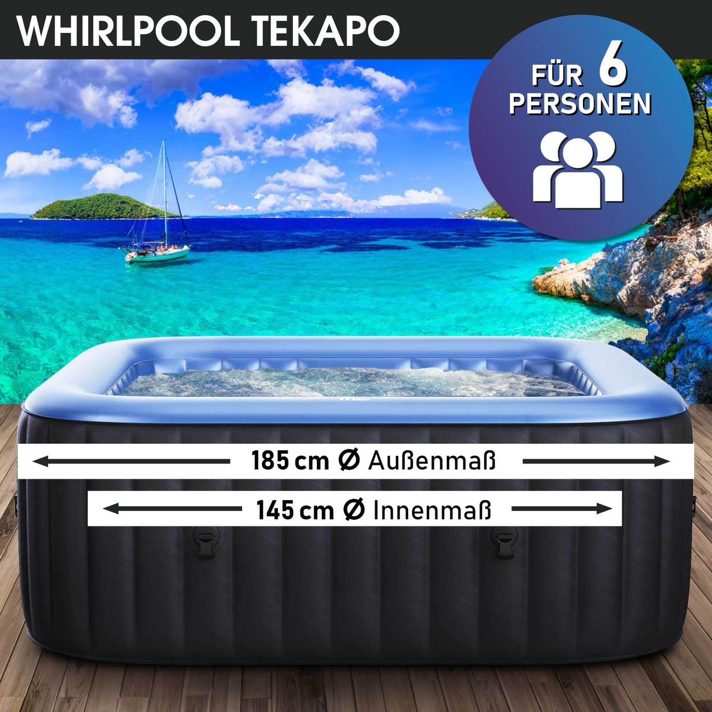 Whirlpool aufblasbar BRAST® MSpa Tekapo für 6 Personen 185x185cm In-Outdoor Pool 132 Massagedüsen Energiespar-Timer Heizung Aufblasfunktion