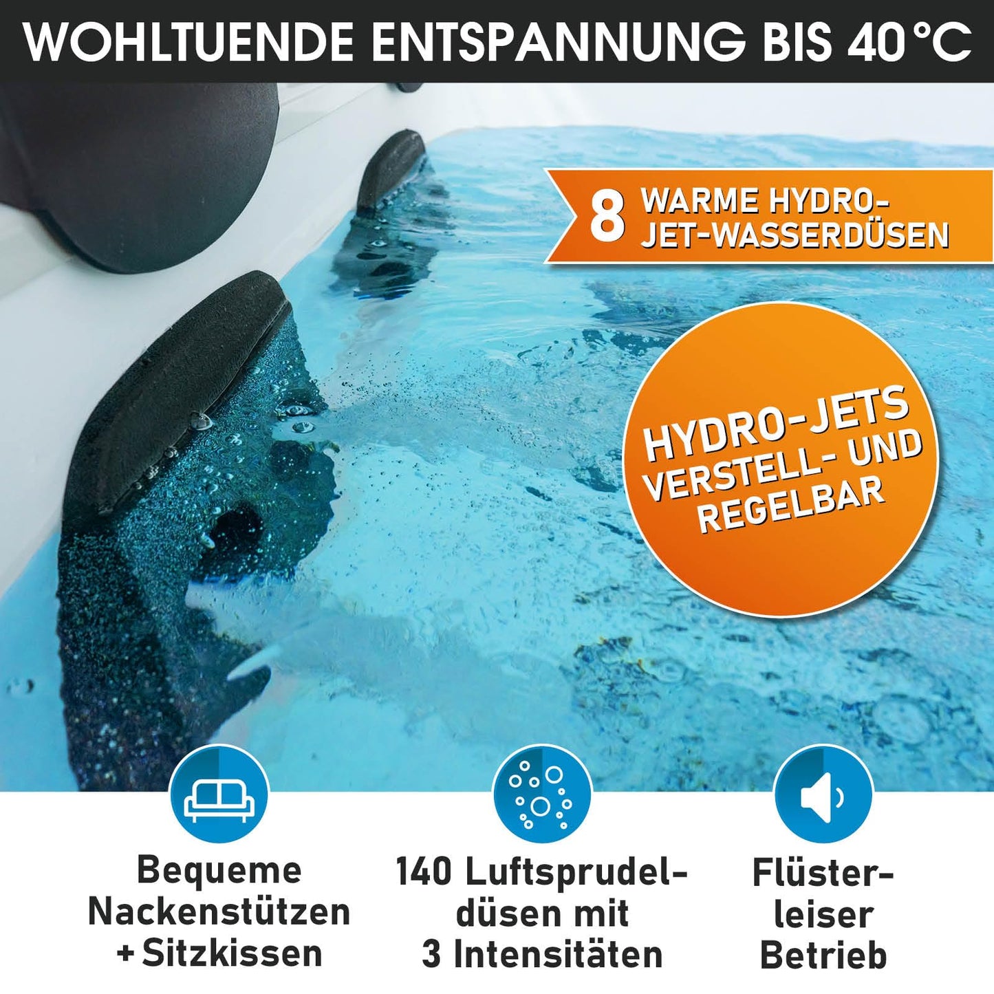 BRAST® Whirlpool MSpa Oslo Plus XXL mit Fester Außenwand | LED-Beleuchtung 20 einstellbare Farben für 6 Personen | 180x180x65cm | 140 Massagedüsen