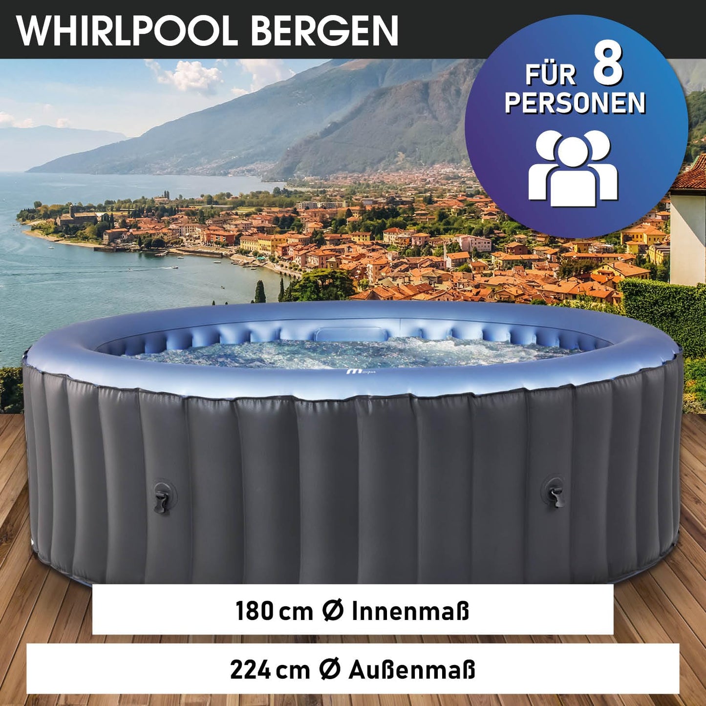 BRAST® Whirlpool aufblasbar MSpa Bergen für 4-8 Personen | viele Größen Ø180-224cm | In- Outdoor Pool | Ganzjähriger Einsatz | bis zu 144 Massagedüsen