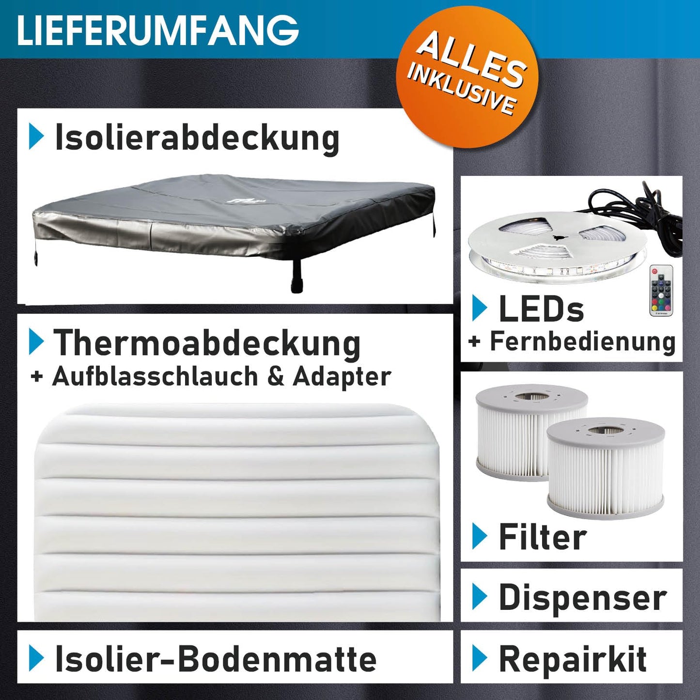 BRAST® Whirlpool MSpa Oslo Plus XXL mit Fester Außenwand | LED-Beleuchtung 20 einstellbare Farben für 6 Personen | 180x180x65cm | 140 Massagedüsen