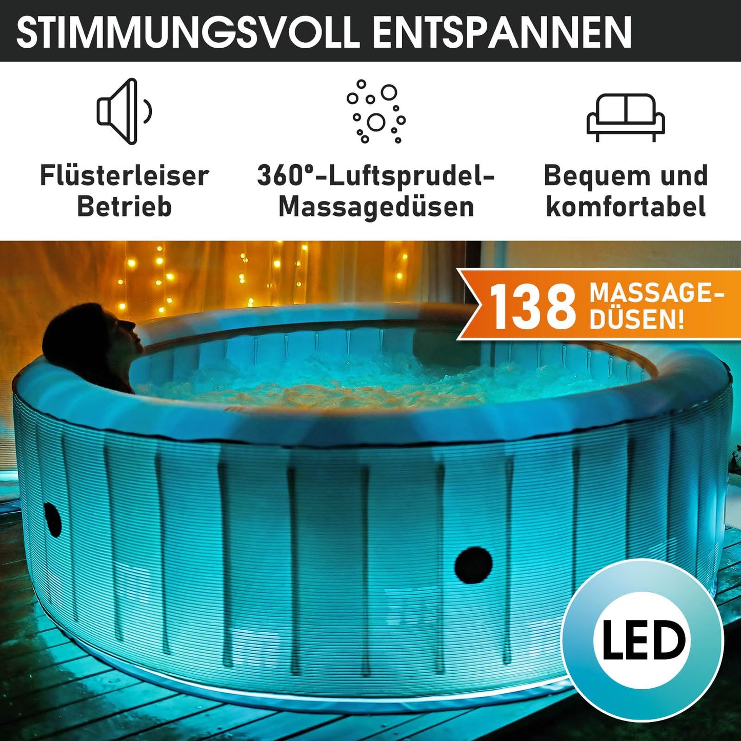 BRAST® Whirlpool aufblasbar MSpa Starry mit LED-Beleuchtung für 6 Personen Ø204x70cm In- Outdoor Pool 138 Massagedüsen Energiespar-Timer Heizung