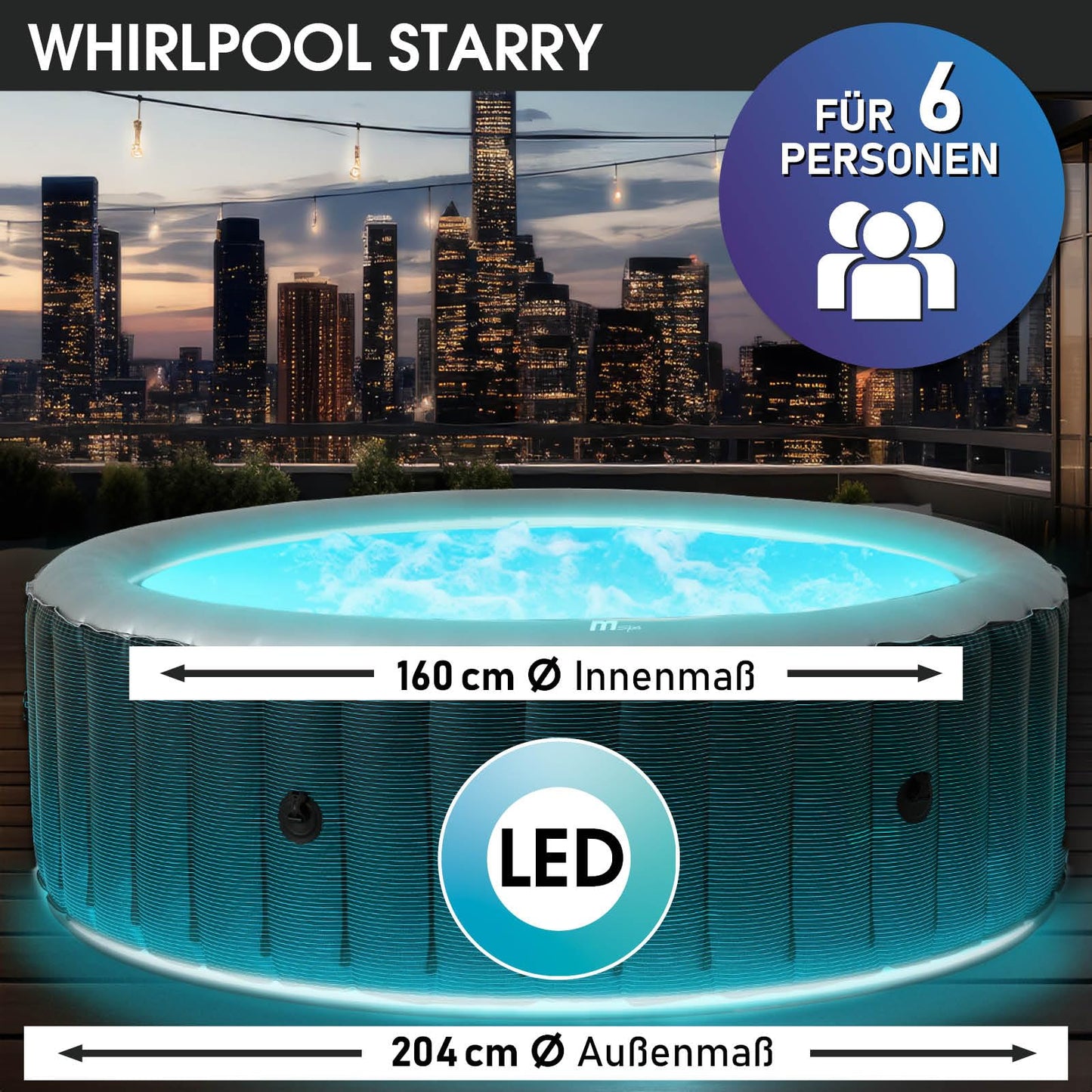 BRAST® Whirlpool aufblasbar MSpa Starry mit LED-Beleuchtung für 6 Personen Ø204x70cm In- Outdoor Pool 138 Massagedüsen Energiespar-Timer Heizung