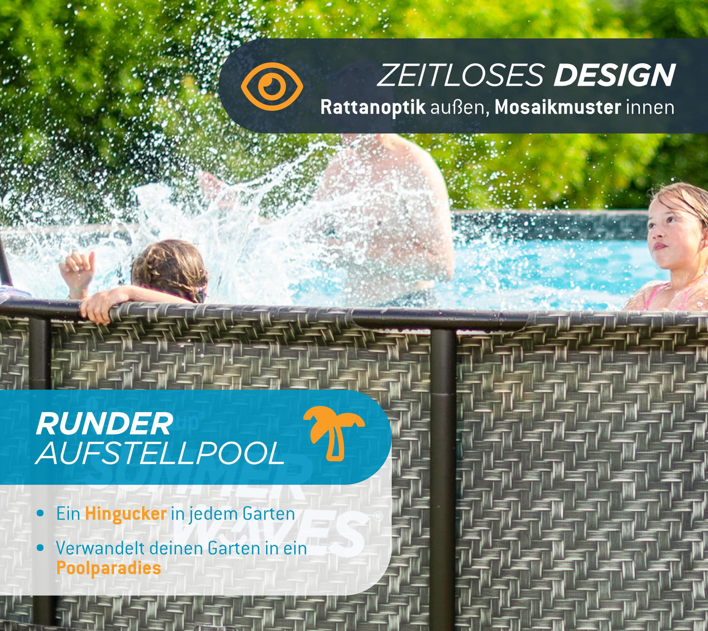 Summer Waves Frame Pool Komplettset | Rund 427x107 cm Rattanoptik Grau | Aufstellpool Set | Gartenpool & Schwimmbecken inkl. Filterpumpe