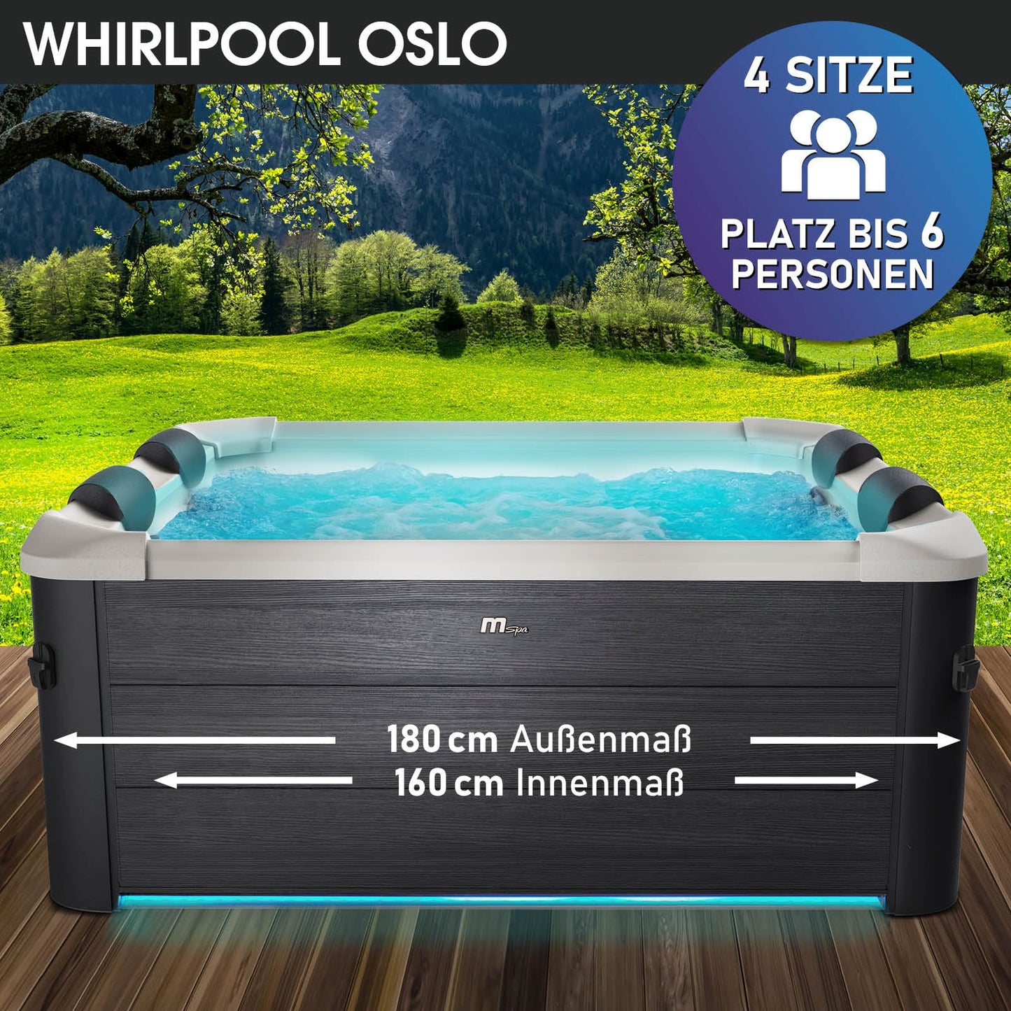BRAST® Whirlpool MSpa Oslo Plus XXL mit Fester Außenwand | LED-Beleuchtung 20 einstellbare Farben für 6 Personen | 180x180x65cm | 140 Massagedüsen