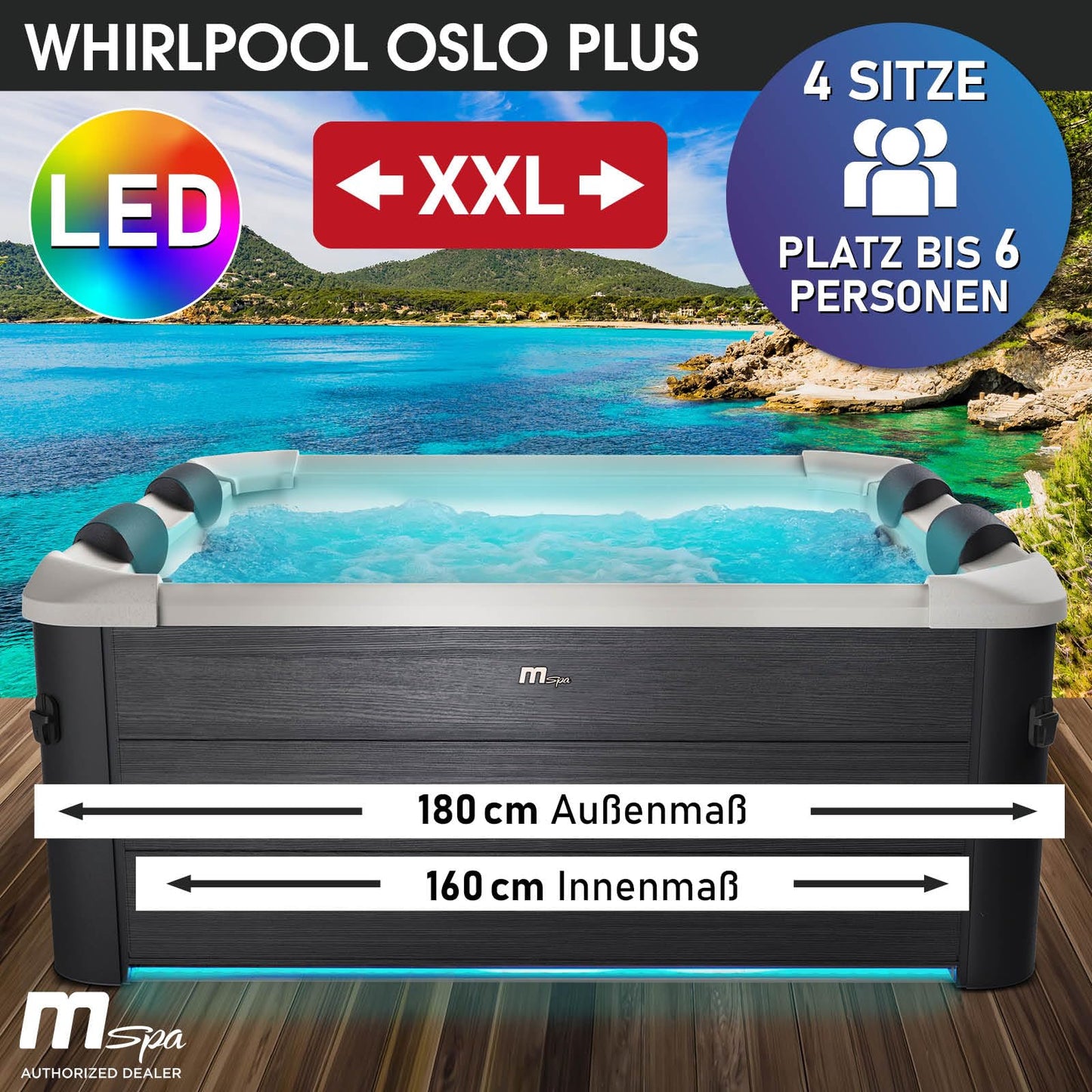 BRAST® Whirlpool MSpa Oslo & Oslo Plus XXL mit Fester Außenwand | 160x160x65cm - 180x180x65cm | LED-Beleuchtung 20 Farben | 6 Personen | 120-140