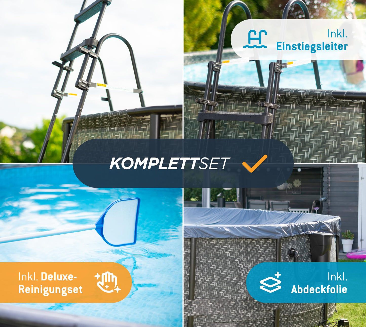 Summer Waves Frame Pool Komplettset | Rund 427x107 cm Rattanoptik Grau | Aufstellpool Set | Gartenpool & Schwimmbecken inkl. Filterpumpe