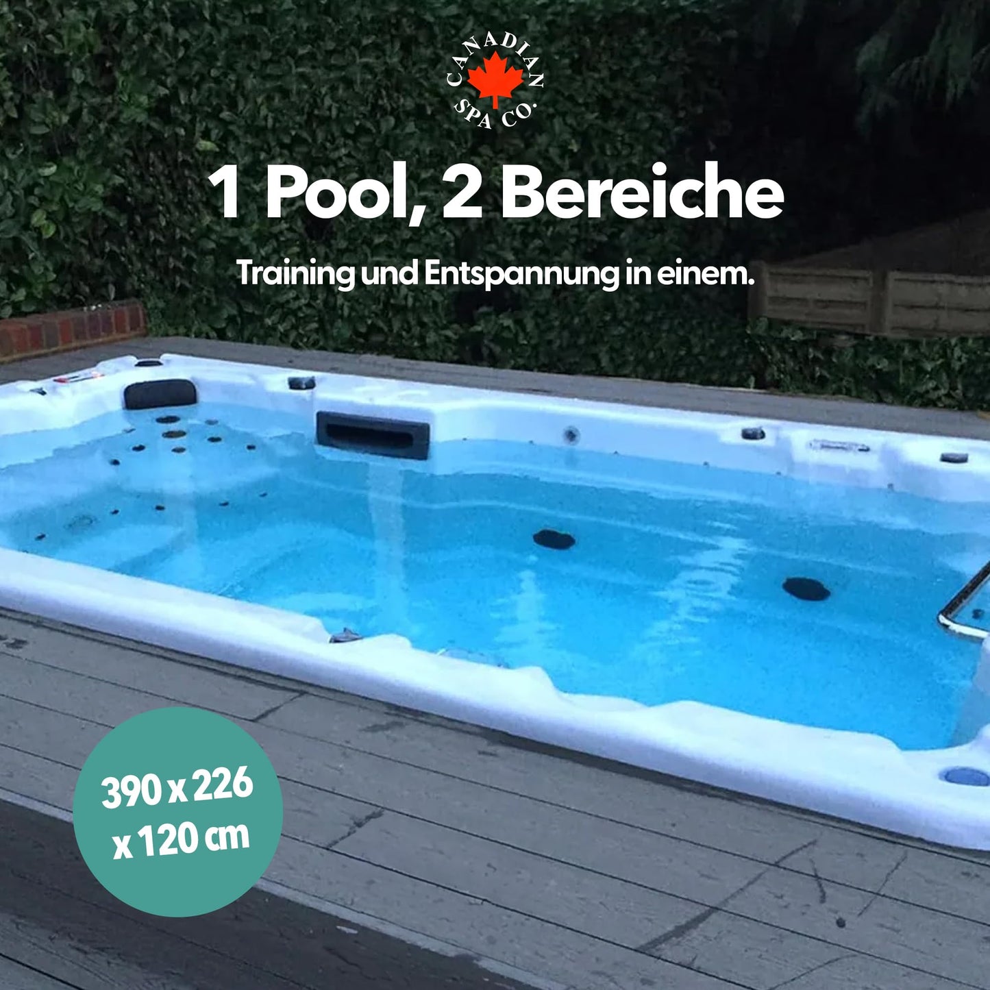 CANADIAN SPA CO. 2025 St Lawrence Schwimmspa Outdoor Winterfest, 4 Meter, 5 Personen, Swim Spa mit LED Beleuchtung, Lautsprecher und Isolierabdeckung