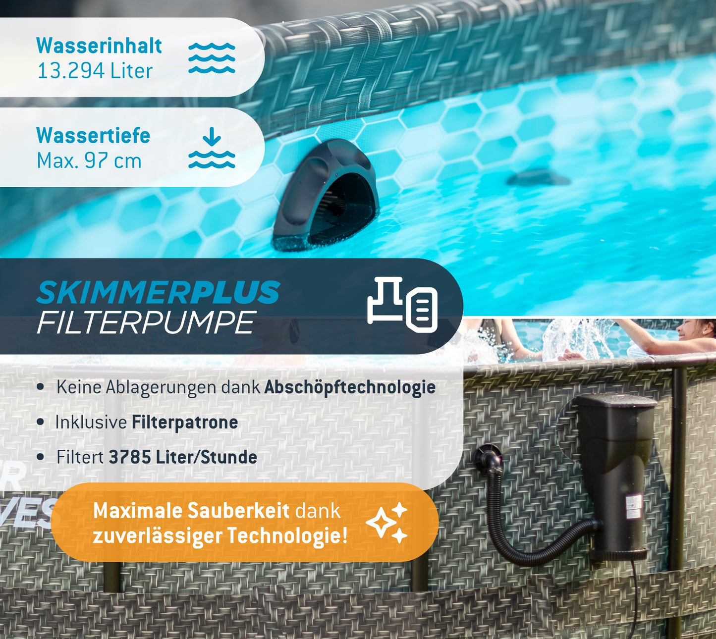 Summer Waves Frame Pool Komplettset | Rund 427x107 cm Rattanoptik Grau | Aufstellpool Set | Gartenpool & Schwimmbecken inkl. Filterpumpe