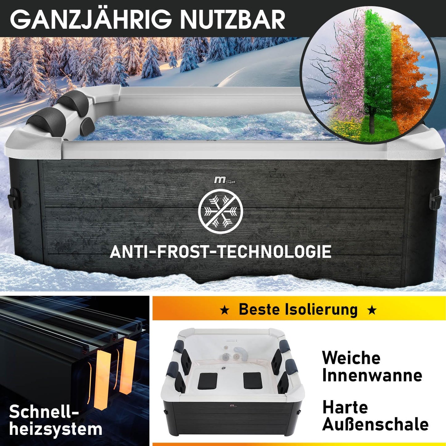 BRAST® Whirlpool MSpa Oslo Plus XXL mit Fester Außenwand | LED-Beleuchtung 20 einstellbare Farben für 6 Personen | 180x180x65cm | 140 Massagedüsen