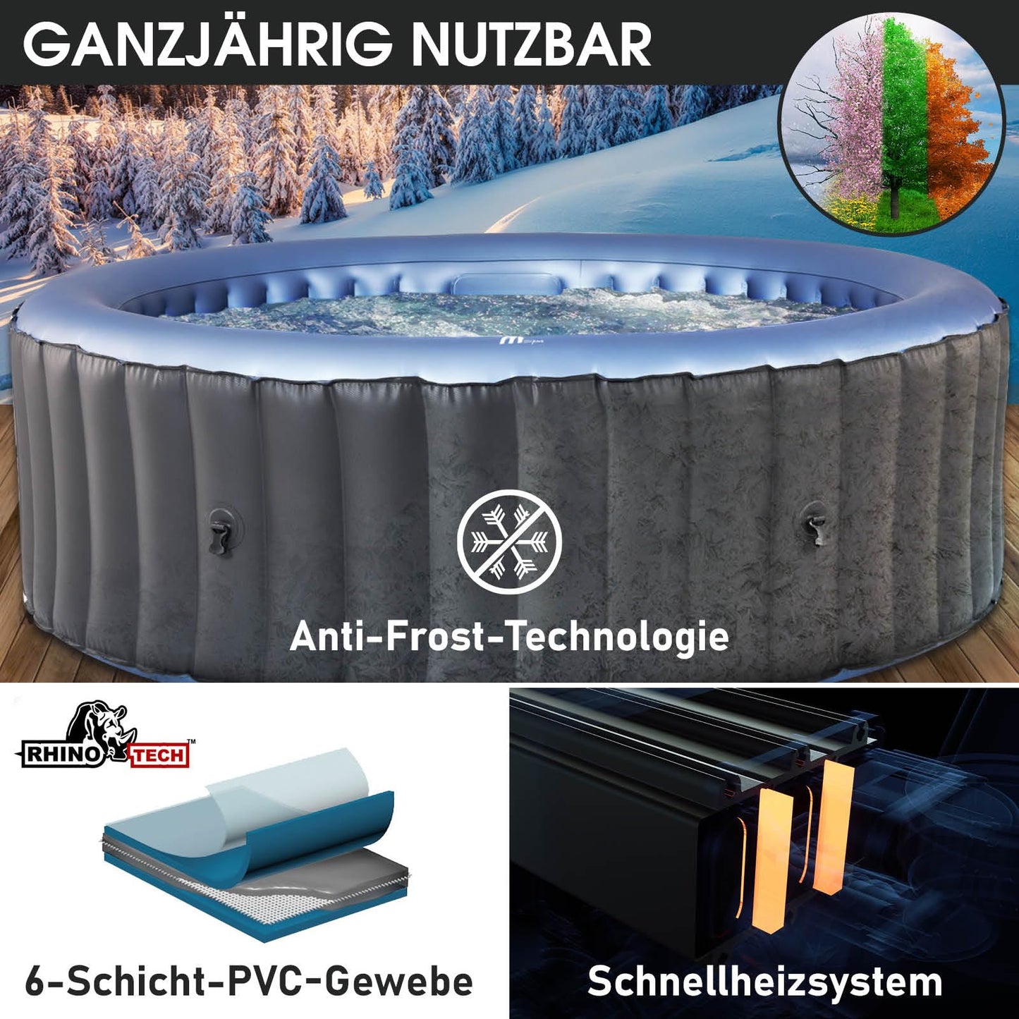 BRAST® Whirlpool aufblasbar MSpa Bergen für 4-8 Personen | viele Größen Ø180-224cm | In- Outdoor Pool | Ganzjähriger Einsatz | bis zu 144 Massagedüsen