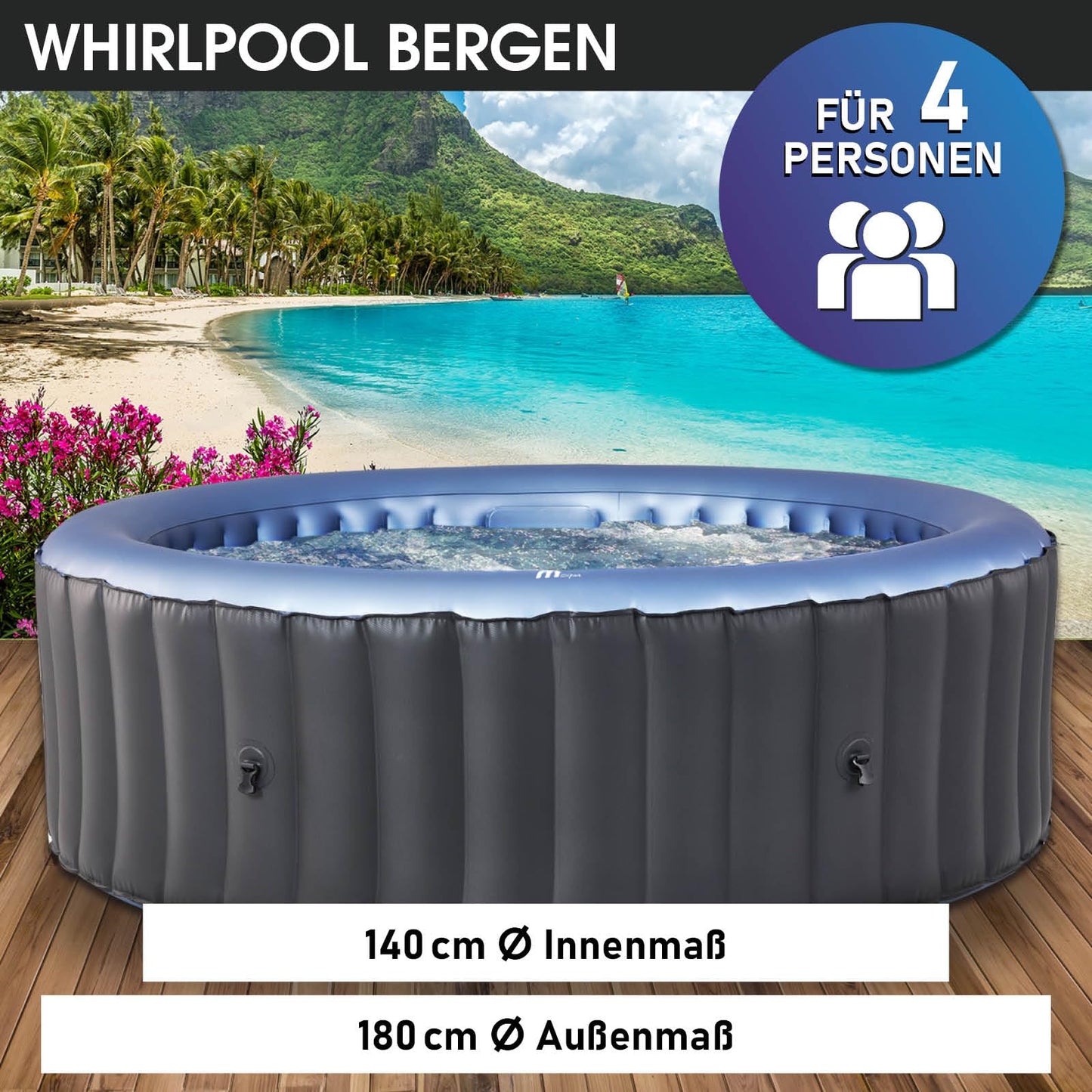 BRAST® Whirlpool aufblasbar MSpa Bergen für 4-8 Personen | viele Größen Ø180-224cm | In- Outdoor Pool | Ganzjähriger Einsatz | bis zu 144 Massagedüsen