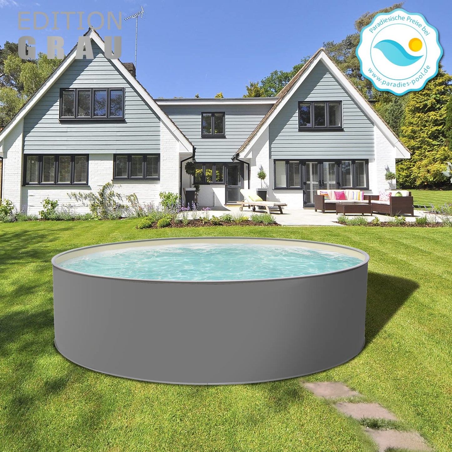 Paradies Pool® Edition grau Einzelbecken rund, 350x120cm (Ø x H), Stahlwandbecken, Poolplane in Sand 0,8mm, Handlauf grau, inkl. Skimmer