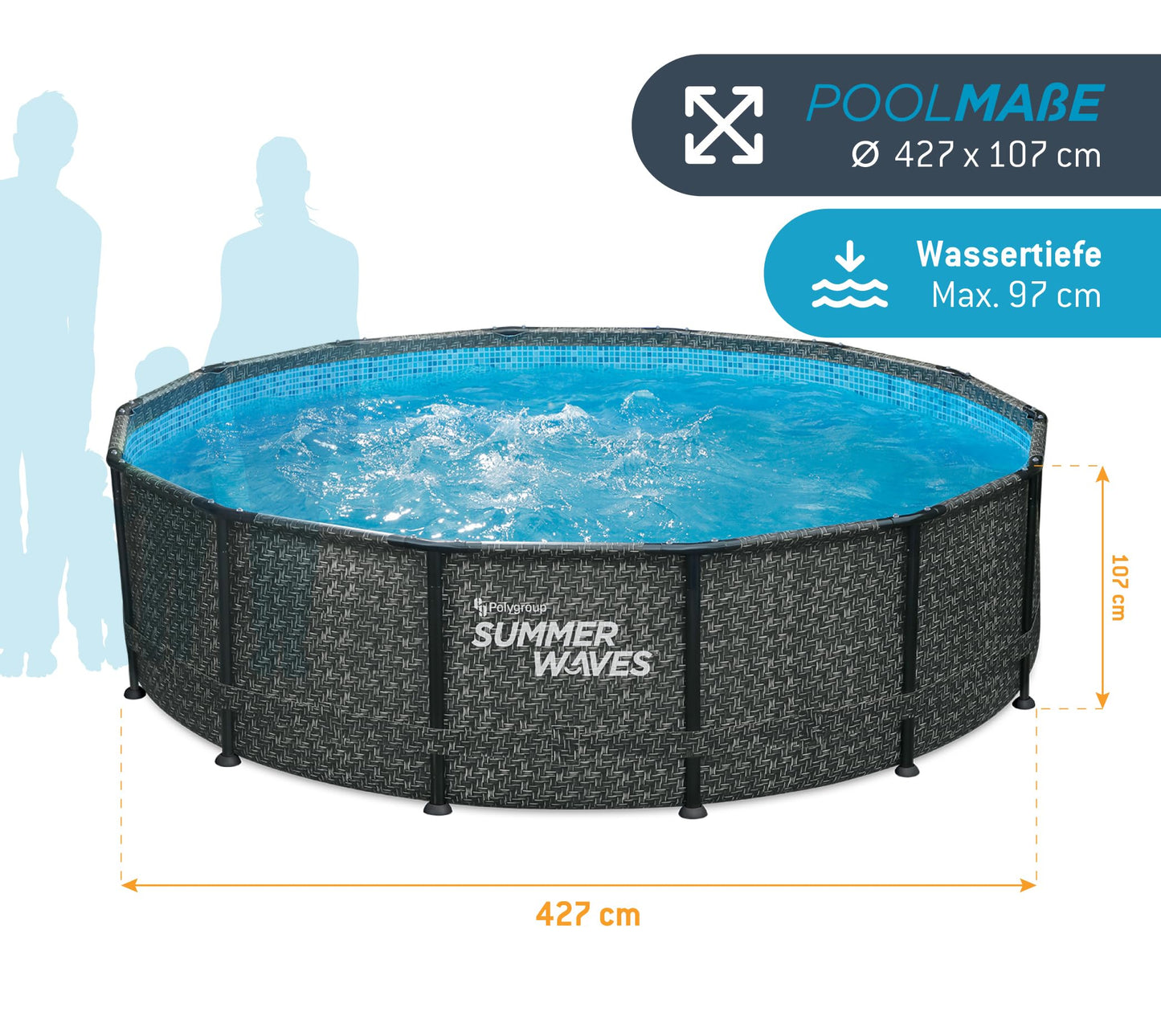 Summer Waves Frame Pool Komplettset | Rund 427x107 cm Rattanoptik Grau | Aufstellpool Set | Gartenpool & Schwimmbecken inkl. Filterpumpe