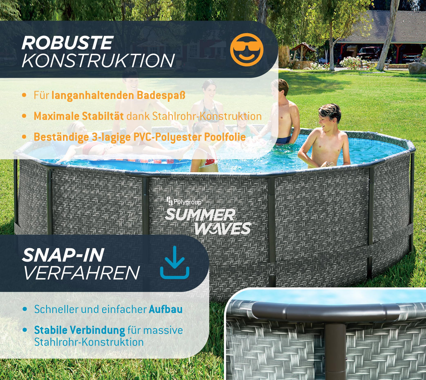 Summer Waves Frame Pool Komplettset | Rund 427x107 cm Rattanoptik Grau | Aufstellpool Set | Gartenpool & Schwimmbecken inkl. Filterpumpe
