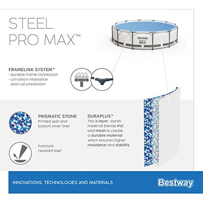 Bestway Steel Pro MAX Frame Pool-Set mit Filterpumpe Ø 366 x 100 cm, lichtgrau, rund