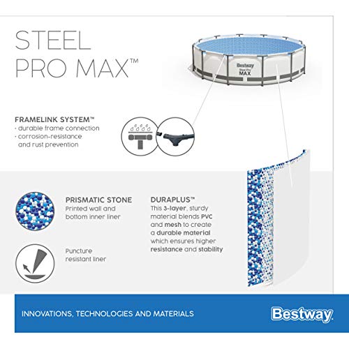 Bestway Steel Pro MAX Frame Pool-Set mit Filterpumpe Ø 366 x 100 cm, lichtgrau, rund