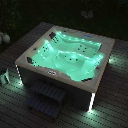 Home Deluxe - Outdoor Whirlpool - Stream Big Plus Treppe und Thermoabdeckung - Maße: 208 x 208 x 88 cm - Inkl. Heizung, 34 Massagedüsen und 4 äußeren