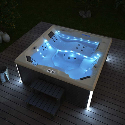 Home Deluxe - Outdoor Whirlpool - Stream Big Plus Treppe und Thermoabdeckung - Maße: 208 x 208 x 88 cm - Inkl. Heizung, 34 Massagedüsen und 4 äußeren