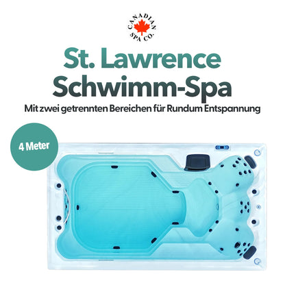 CANADIAN SPA CO. 2025 St Lawrence Schwimmspa Outdoor Winterfest, 4 Meter, 5 Personen, Swim Spa mit LED Beleuchtung, Lautsprecher und Isolierabdeckung