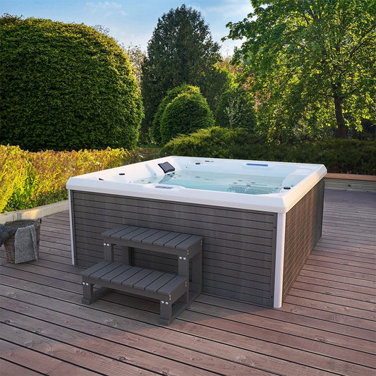 Home Deluxe - Outdoor Whirlpool - Stream Big Plus Treppe und Thermoabdeckung - Maße: 208 x 208 x 88 cm - Inkl. Heizung, 34 Massagedüsen und 4 äußeren
