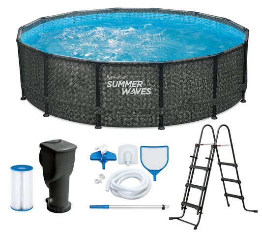 Summer Waves Frame Pool Komplettset | Rund 427x107 cm Rattanoptik Grau | Aufstellpool Set | Gartenpool & Schwimmbecken inkl. Filterpumpe