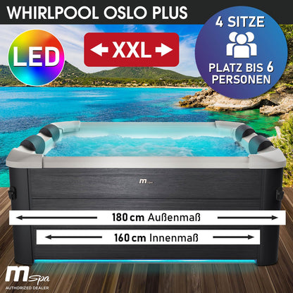 BRAST® Whirlpool MSpa Oslo & Oslo Plus XXL mit Fester Außenwand | 160x160x65cm - 180x180x65cm | LED-Beleuchtung 20 Farben | 6 Personen | 120-140