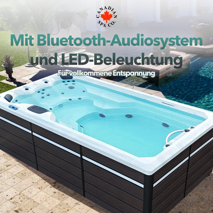 CANADIAN SPA CO. 2025 St Lawrence Schwimmspa Outdoor Winterfest, 4 Meter, 5 Personen, Swim Spa mit LED Beleuchtung, Lautsprecher und Isolierabdeckung