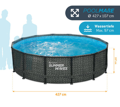 Summer Waves Frame Pool Komplettset | Rund 427x107 cm Rattanoptik Grau | Aufstellpool Set | Gartenpool & Schwimmbecken inkl. Filterpumpe
